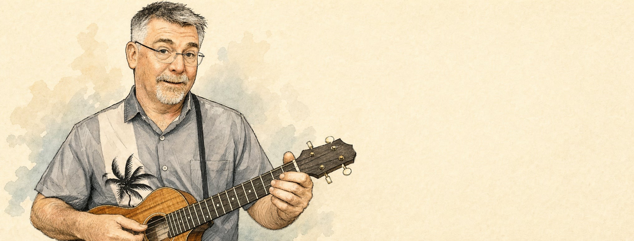 Watercolour illustration of Stu from Stukulele holding his ukulele