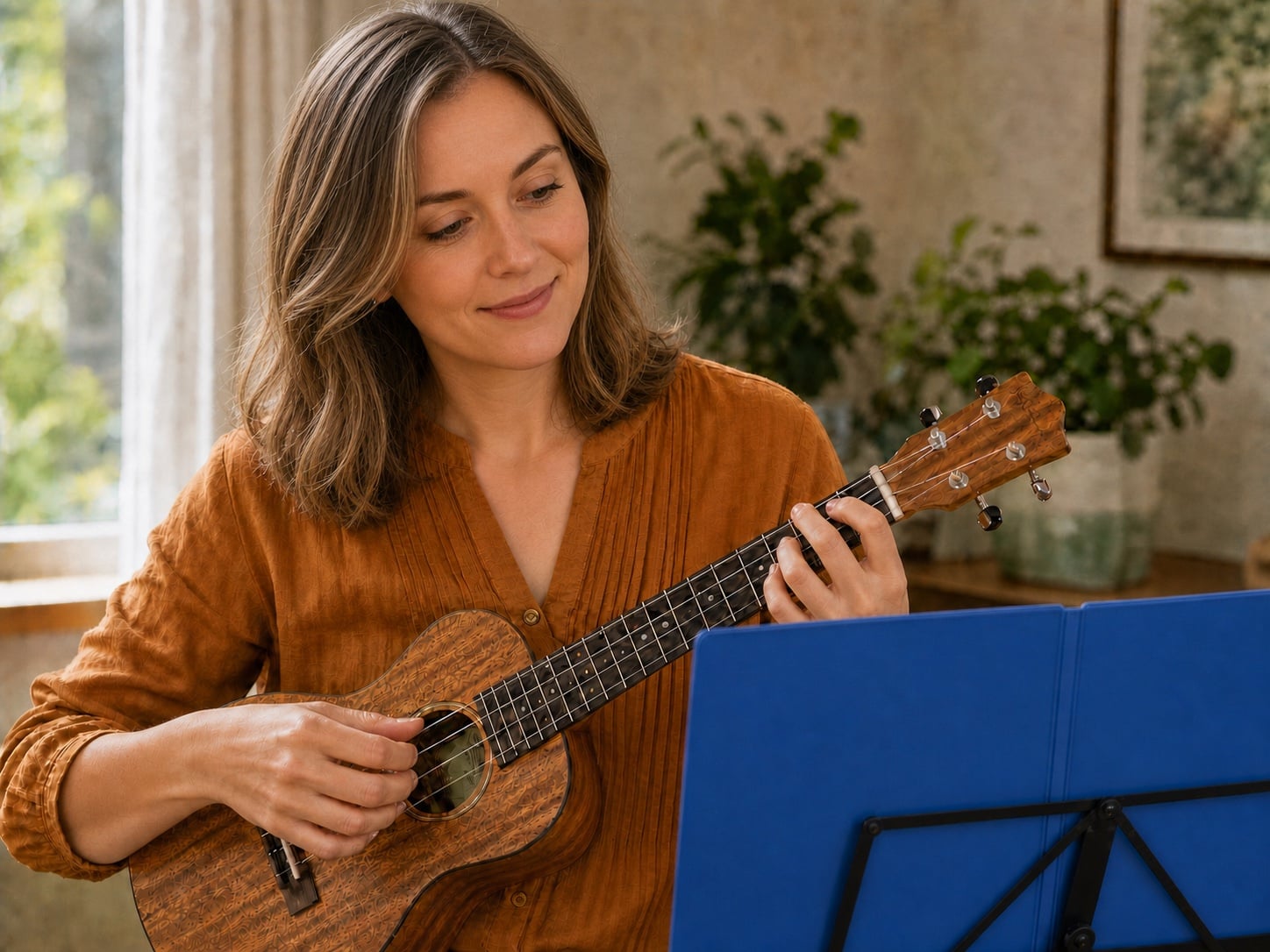 A woman playing ukulele while practising with an open blue music folder