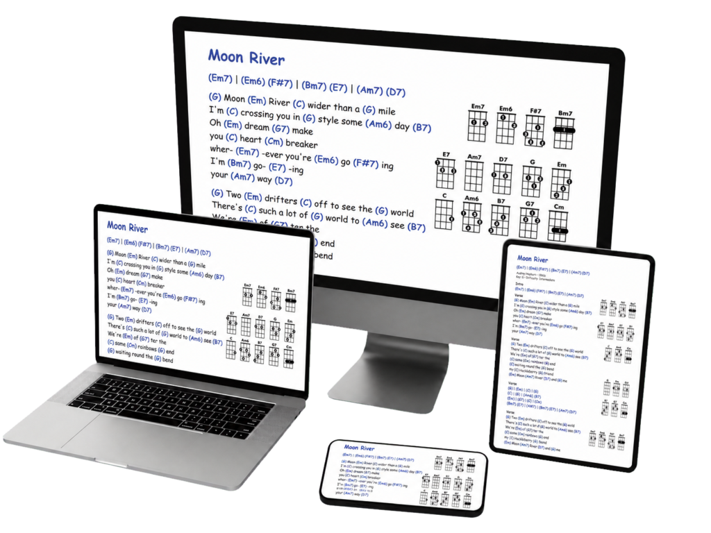 Stukulele songbook displayed across desktop, laptop, tablet and phone