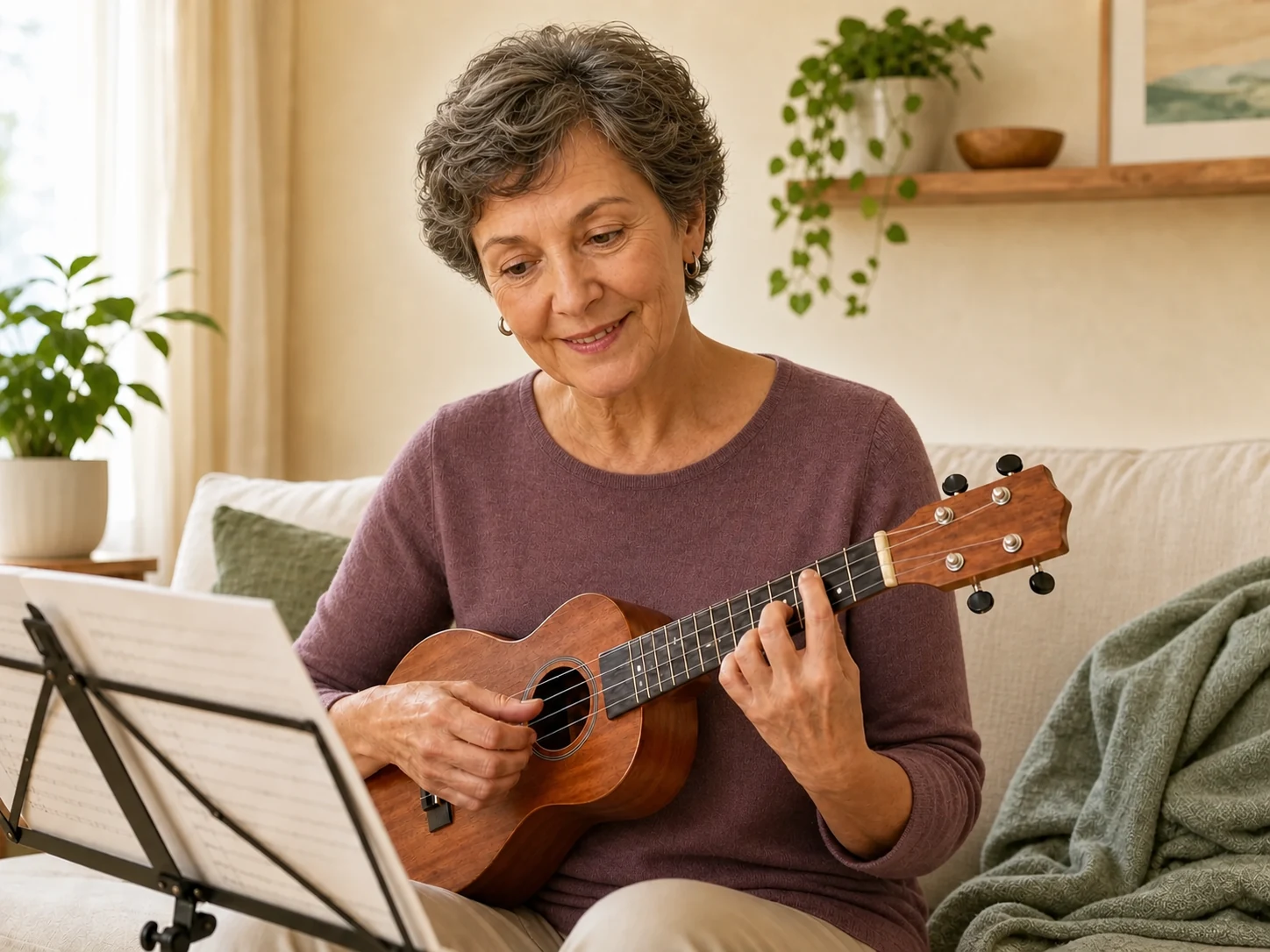 A ukulele player following TAB and playing a melody with growing confidence
