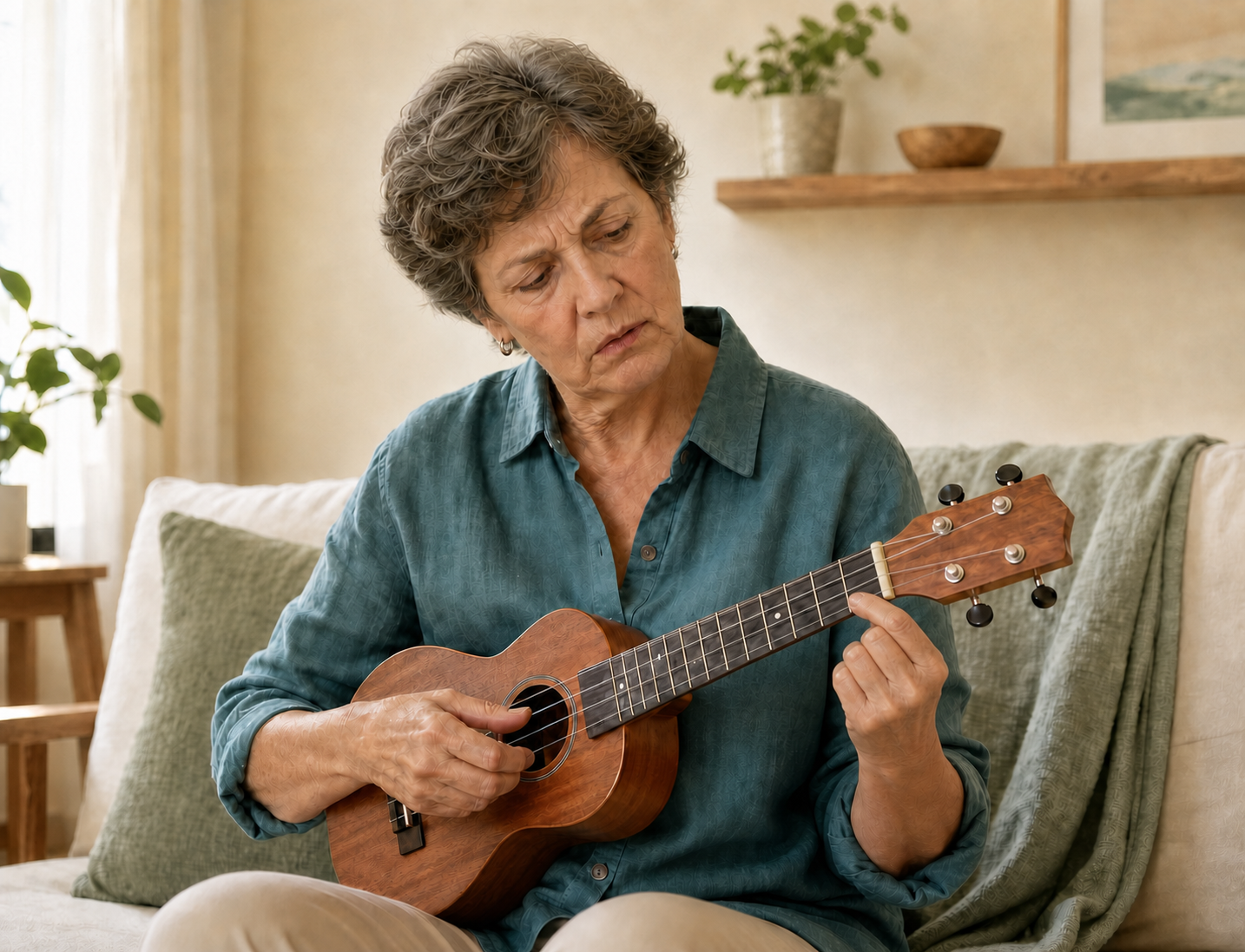 A frustrated beginner ukulele player practising a C7 chord